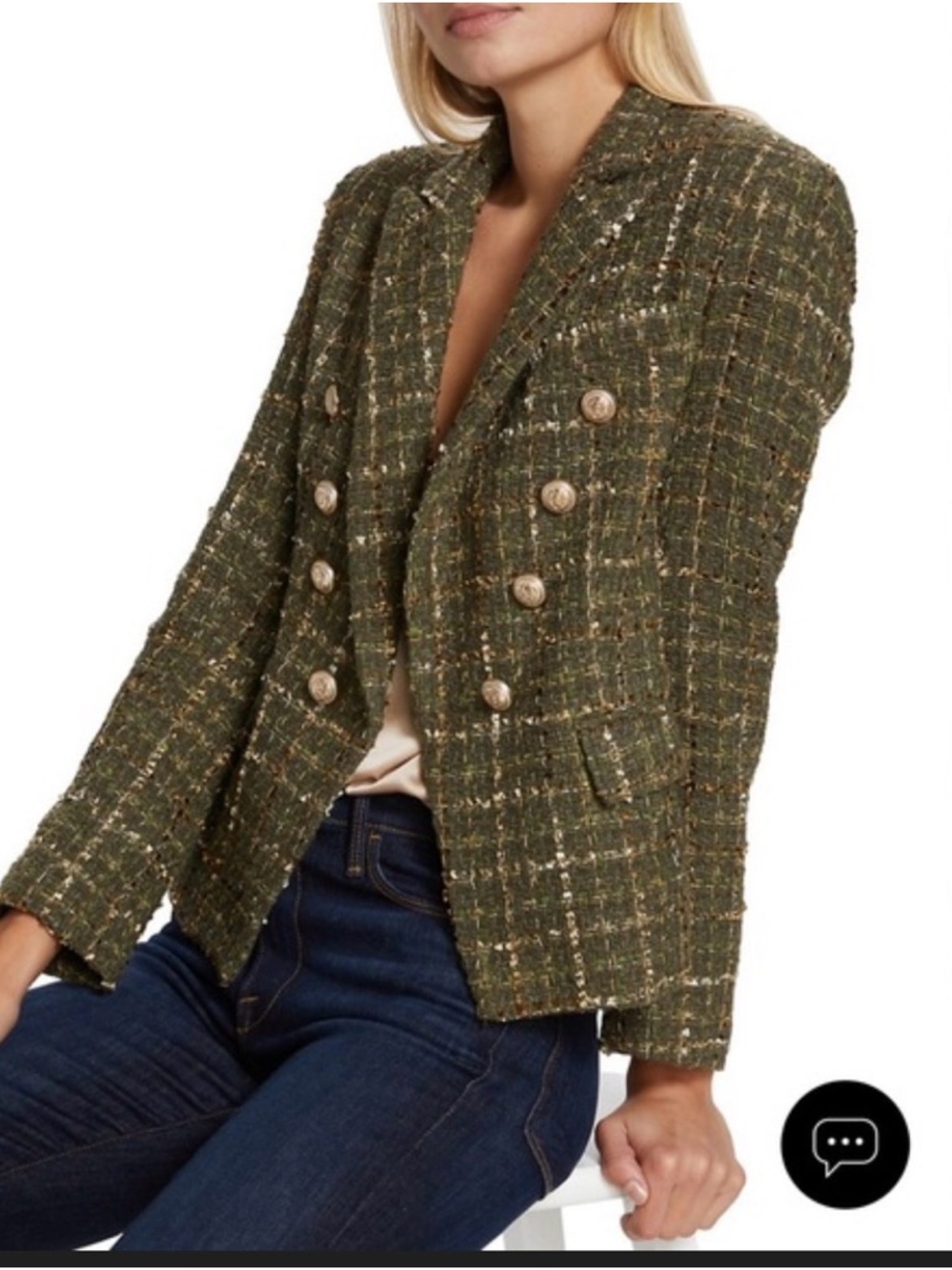 Generation Love Olive Green Tweed Double-Breasted Blazer with Gold Buttons